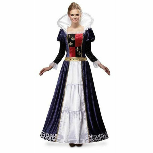 En kvinna poserar i en ståtlig och majestätisk, medeltida drottningklänning i blå sammet med röda och vita detaljer och en stor, vit pipkrage.