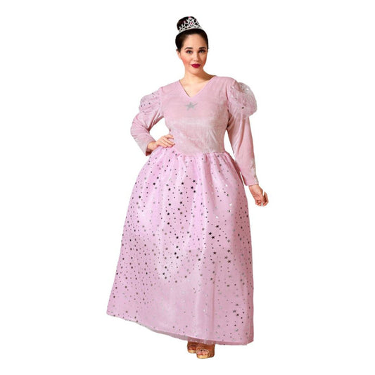 En kvinna med mörkt hår och en tiara poserar i en Majestätisk Rosa Stjärnklänning i plus size.