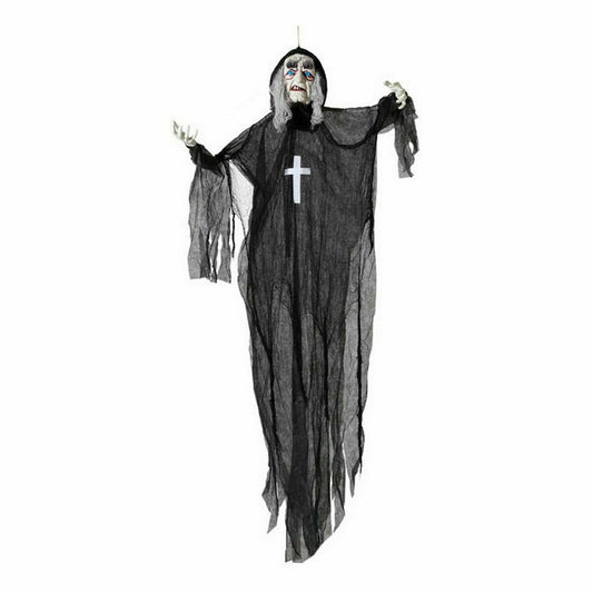 En lång, hängande Halloweendekoration i form av en makaber munk-vålnad med en svart kåpa och ett vitt kors.