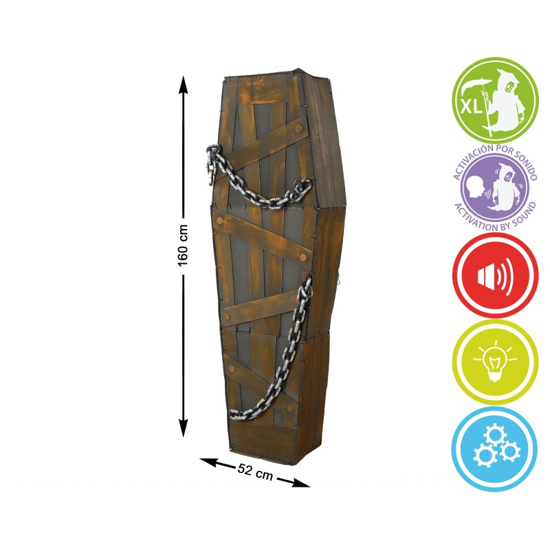 Den stora, fastkedjade kistan som visar dess mått på 160 cm x 52 cm och ikoner för dess interaktiva funktioner.