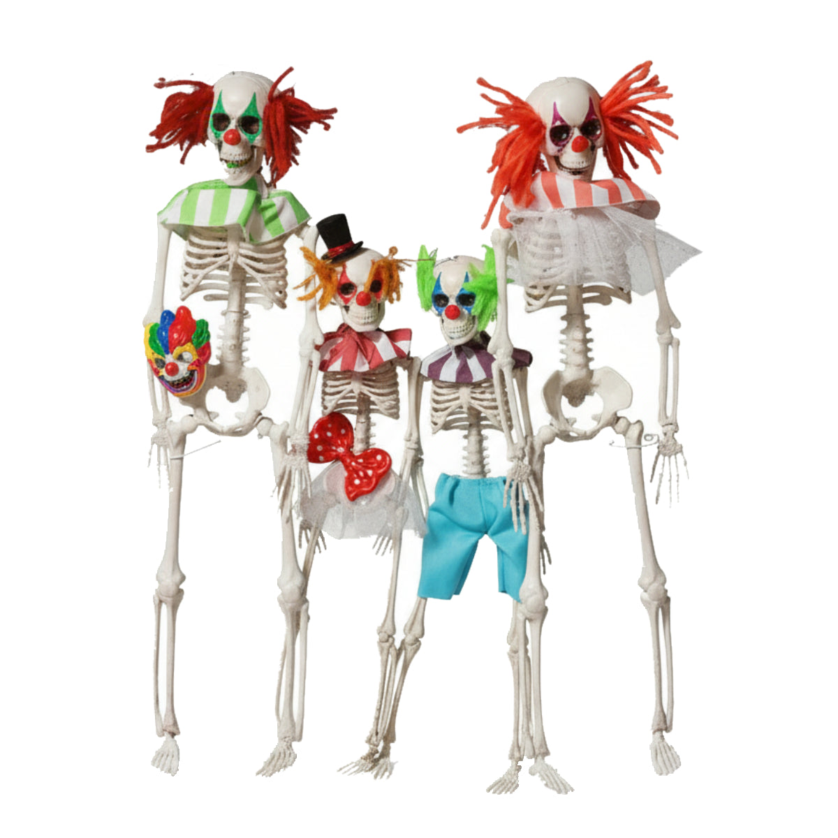 En förpackning med en makaber liten familj på fyra skelett, alla utklädda till kusliga clowner.