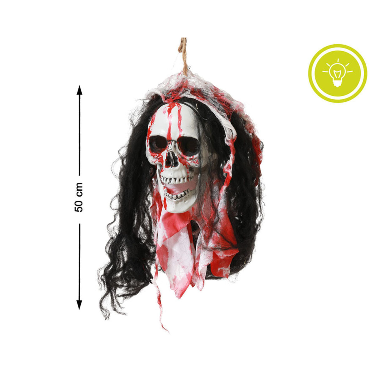 Ett makabert, hängande och blodigt dödskallehuvud med svart hår som visar dess mått på 50 cm och en ikon för dess ljusfunktion.