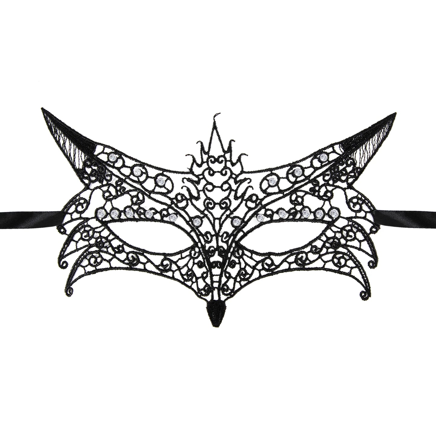 Elegant Svart Venetiansk Rävmask i Spets med Strass