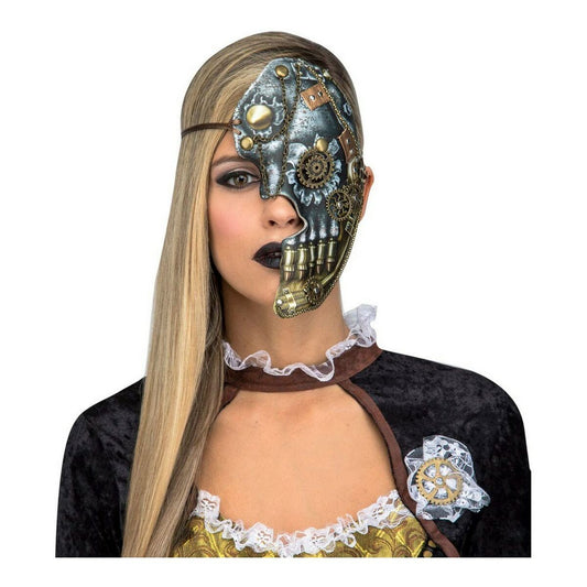 En kvinna med mörkt smink bär en Mekanisk Steampunk Dödskallemask som täcker halva hennes ansikte.