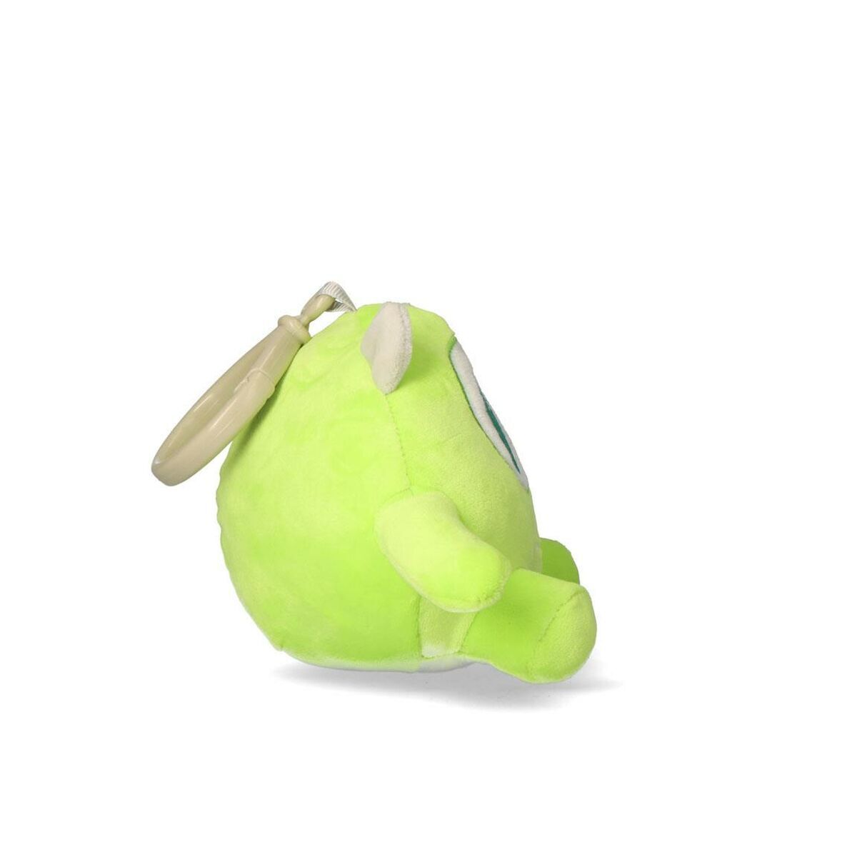 Profilbild av mjukisdjuret Mike Wazowski från sidan där man ser hans runda form, lilla arm och fästringen.