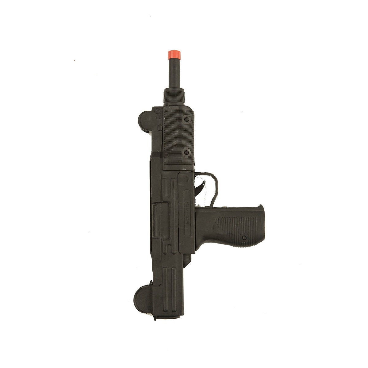 En svart leksaksmaskinpistol i militär modell med realistiska ytor och en orange säkerhetsmynning sedd från sidan.