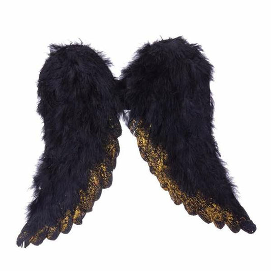 Ett par eleganta, svarta fjäderänglavingar med vackra, glittrande gulddetaljer på vingspetsarna.