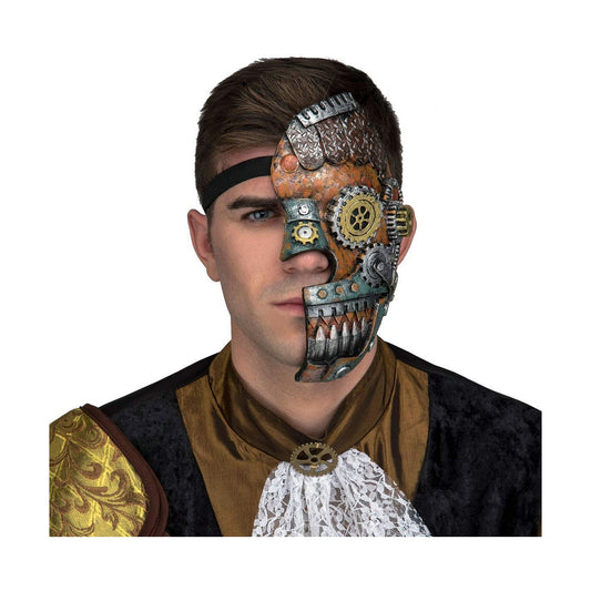 En man bär en detaljerad mekanisk steampunk halvmask som täcker ena sidan av hans ansikte med kugghjul och rostiga detaljer.