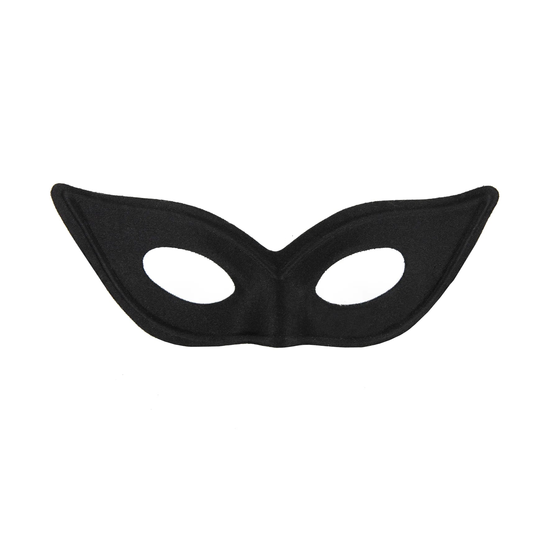 En svart kattformad ögonmask med spetsig siluett och elastiskt band visas rakt framifrån mot vit bakgrund.