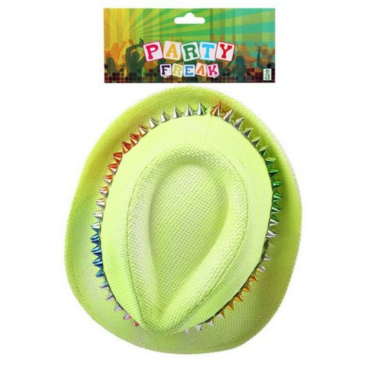 En neongul fedora-hatt med regnbågsnitar i sin "Party Freak"-förpackning.