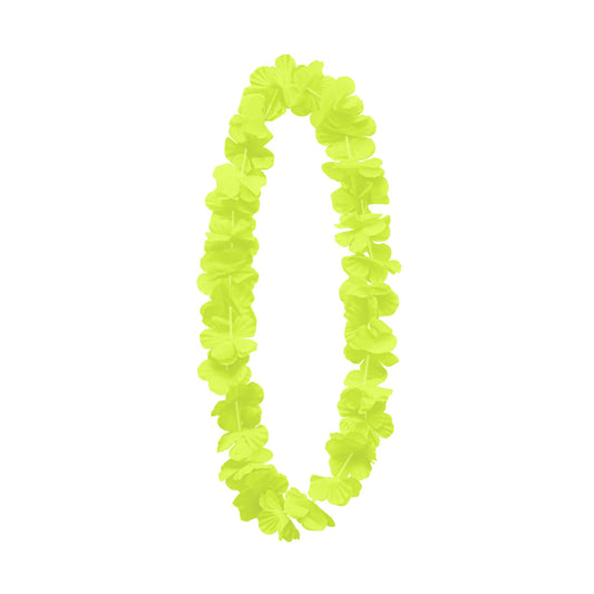 En neongul hawaiikrans med klassiska tygblommor hänger i oval form mot vit bakgrund och visar sin starka lysande färg.