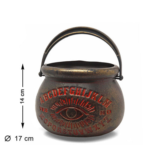 Den bronsfärgade häxkiteln med Ouija-mönster visas med sina mått, 14 cm hög och 17 cm i diameter.