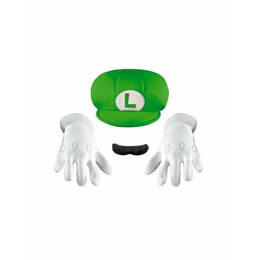 Ett komplett och officiellt Luigi-maskeradset för barn, innehållande en grön keps med "L", ett par stora vita handskar och en svart lösmustasch.
