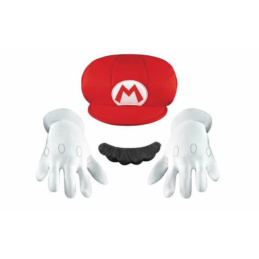 Ett komplett och officiellt Super Mario-maskeradset för barn, innehållande en röd keps med "M", ett par stora vita handskar och en svart lösmustasch.