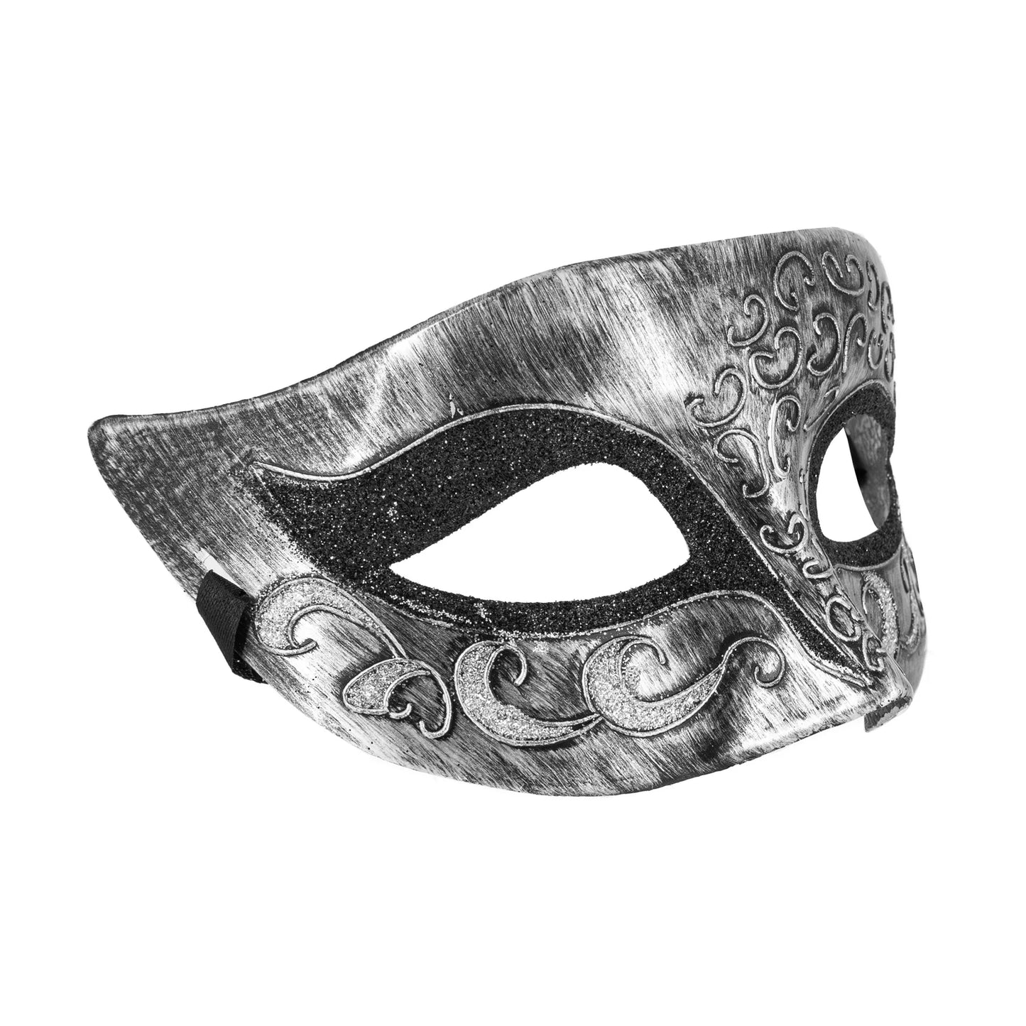 En silverfärgad phantom ögonmask med svarta glitterdetaljer och dekorativa mönster visas snett mot vit bakgrund.