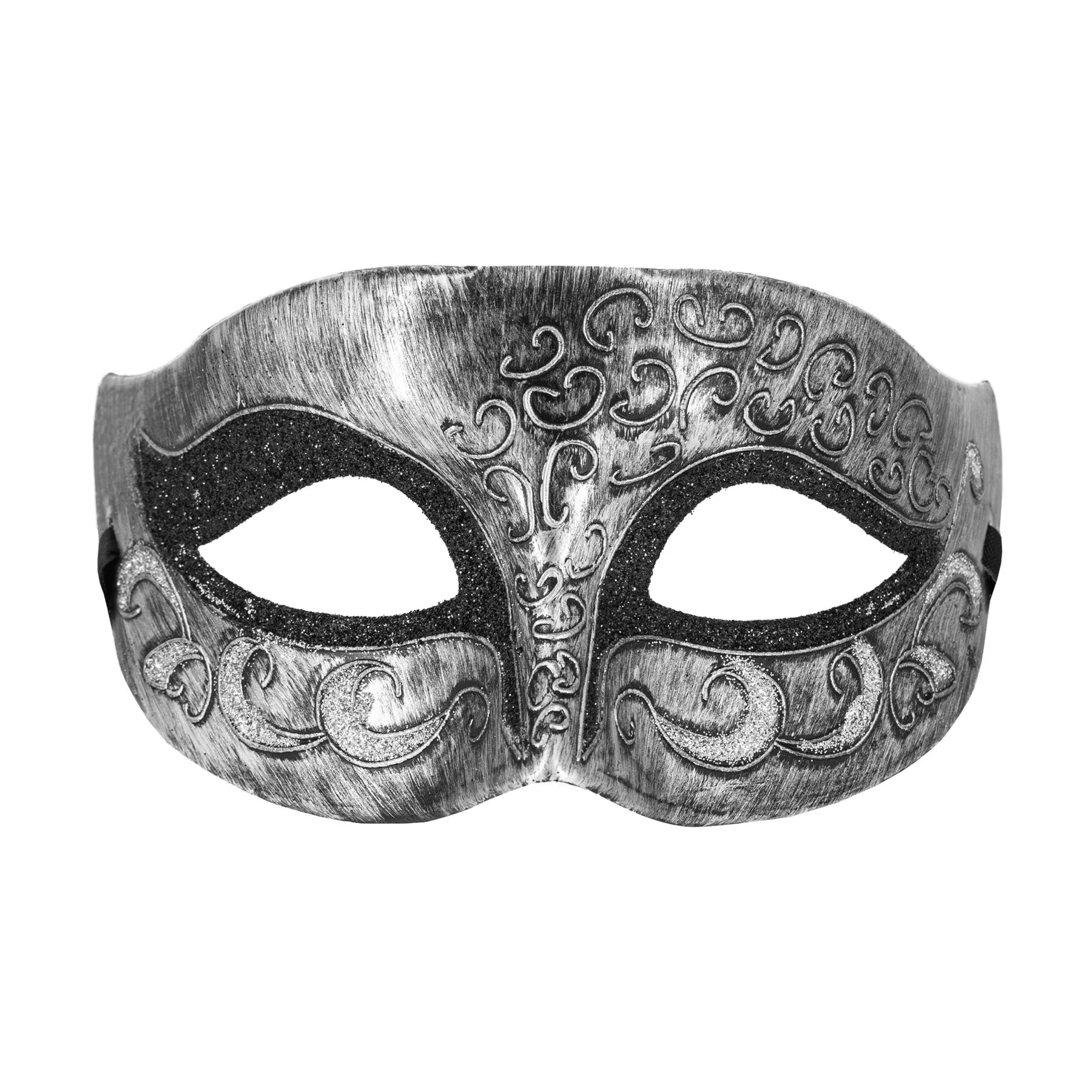 En silverfärgad ögonmask med svarta glitterpartier runt ögonen och ornamenterade mönster visas framifrån mot vit bakgrund.