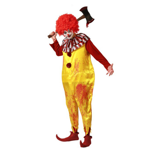 En person i en Ondskefull Blodig Clown Maskeraddräkt med en röd peruk och en blodig yxa.