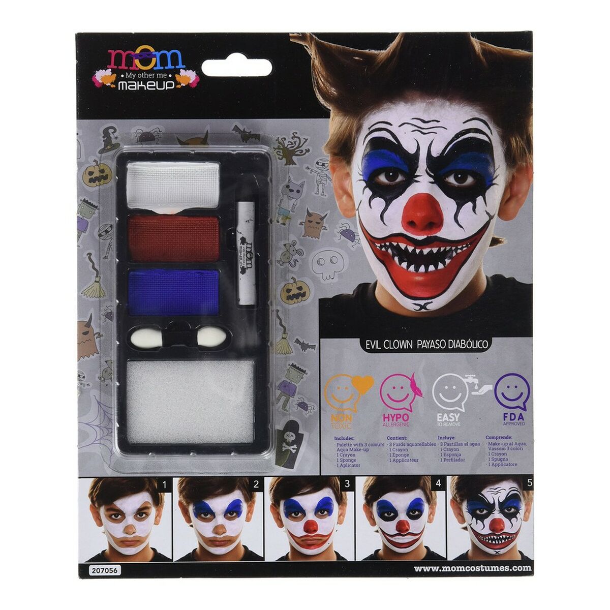 En förpackning med ett barnsmink-set i rött, vitt, blått och svart för en komplett och ondskefull clown-ansiktsmålning med vassa tänder.