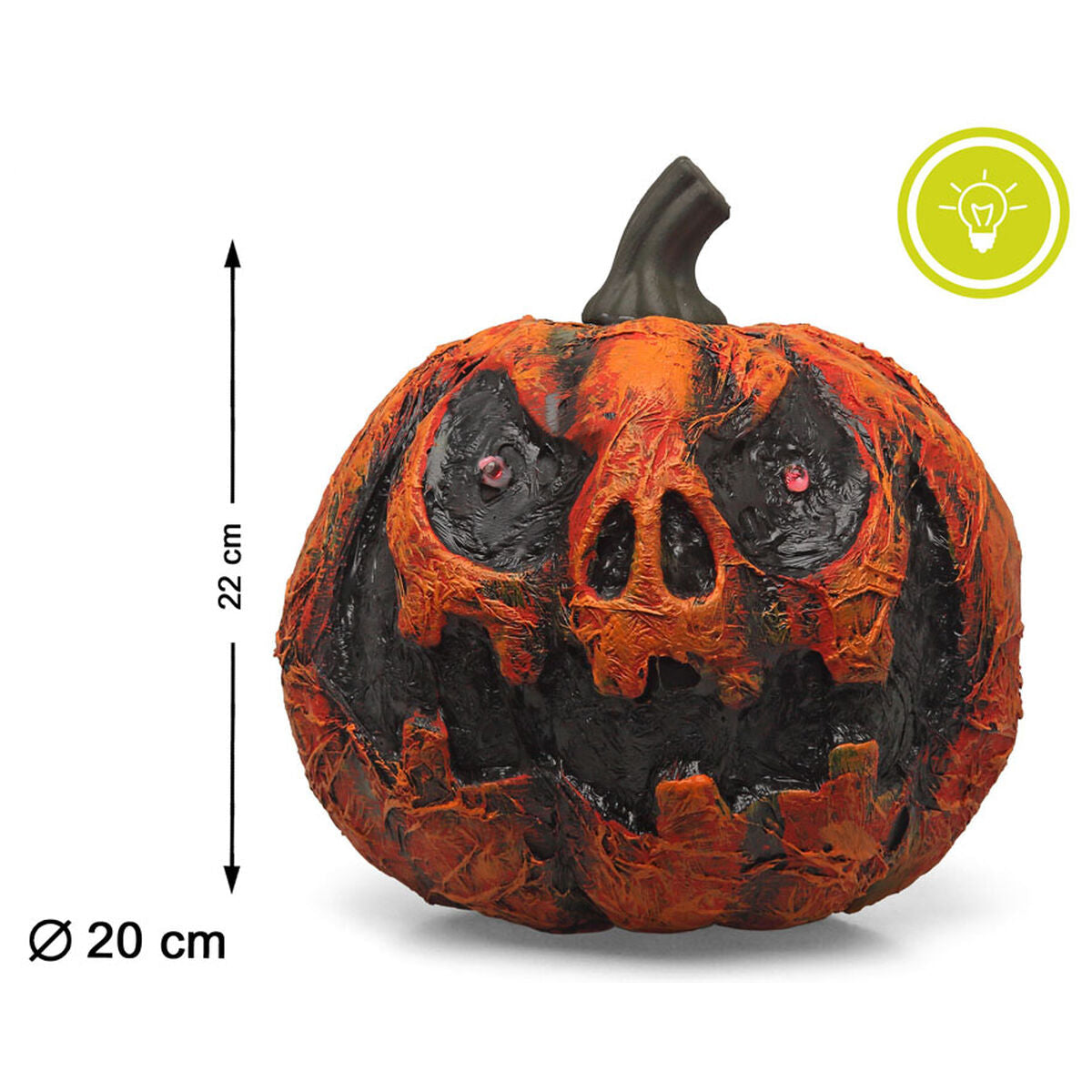 Den kusliga pumpan visas med sina mått, 22 cm hög och 20 cm i diameter, samt en ikon för dess ljusfunktion.