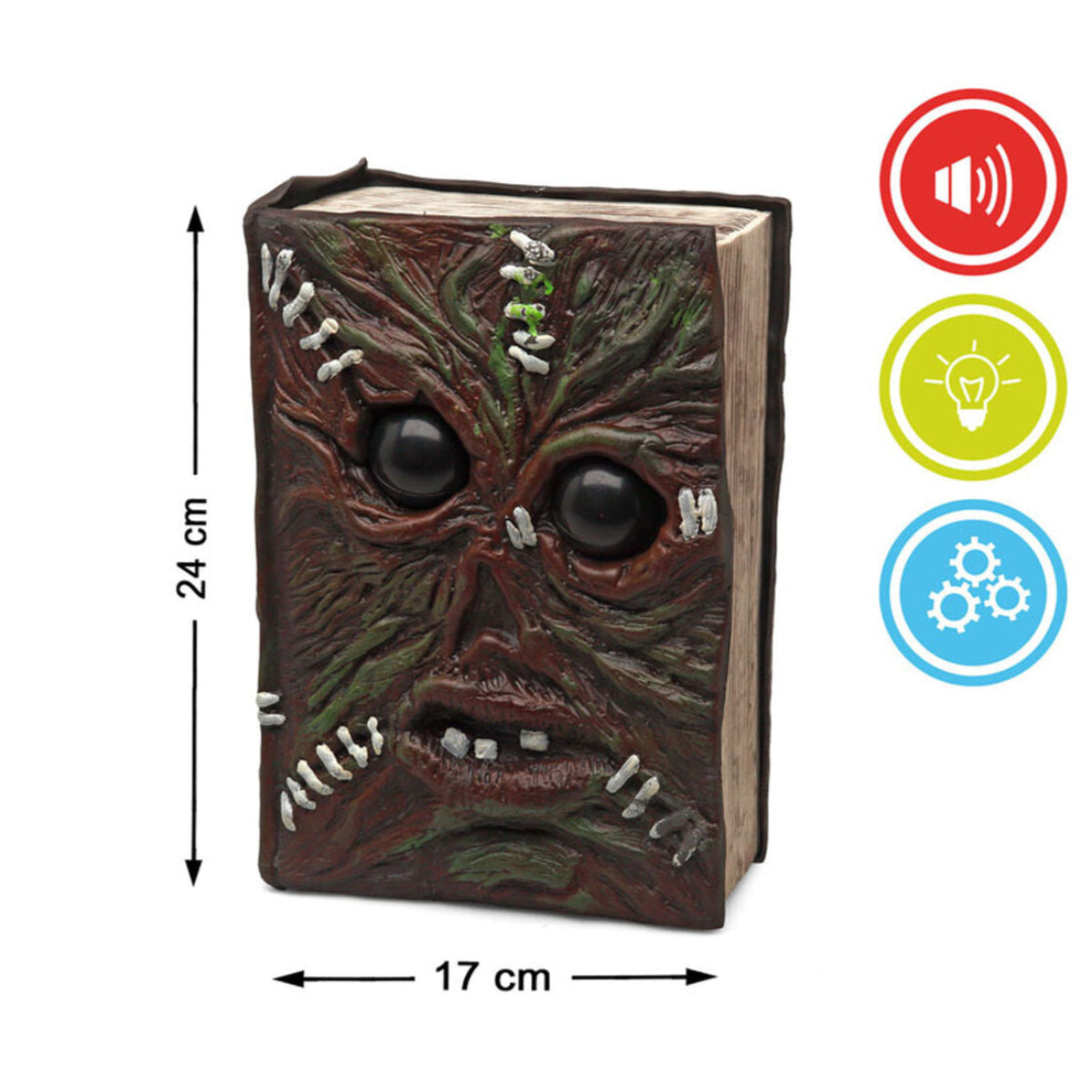 En ondskefull bok med ett ansikte på omslaget, med måtten 24x17 cm och ikoner för ljud, ljus och rörelse.