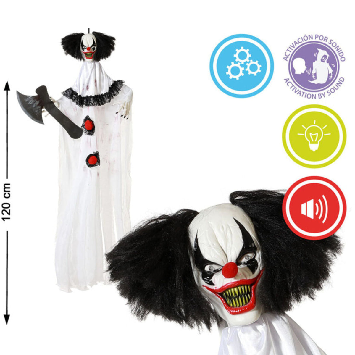 En bild som visar den hängande mördarclownen tillsammans med ikoner för ljudaktivering, rörelse, ljud och ljus.