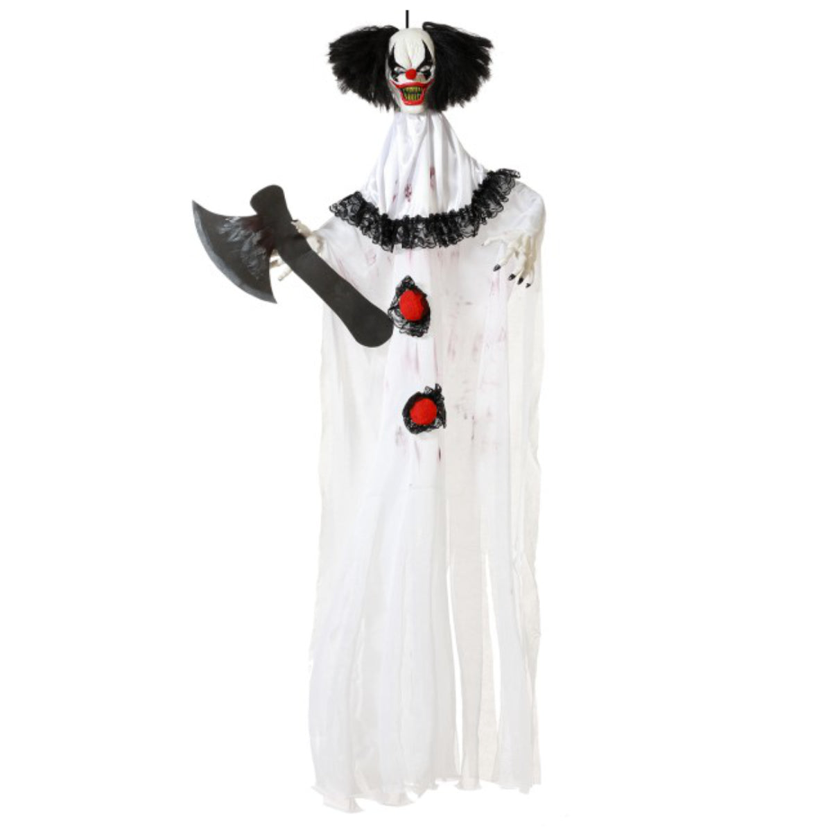 En stor, Ondskefull Mördarclown-dekoration med ett läskigt ansikte, svart hår och en stor yxa.