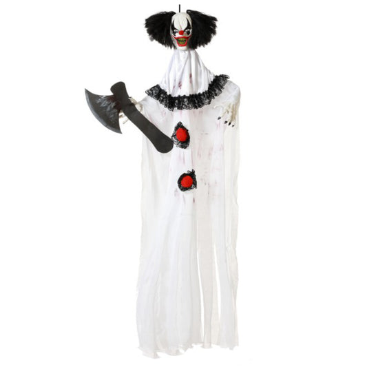 En stor, Ondskefull Mördarclown-dekoration med ett läskigt ansikte, svart hår och en stor yxa.