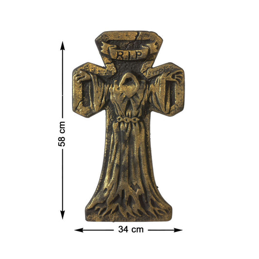 En Ondskefull R.I.P.-Gravsten i mörk, bronsliknande färg med en ingraverad vålnad och mått som visar 58 cm på höjden och 34 cm i bredd.