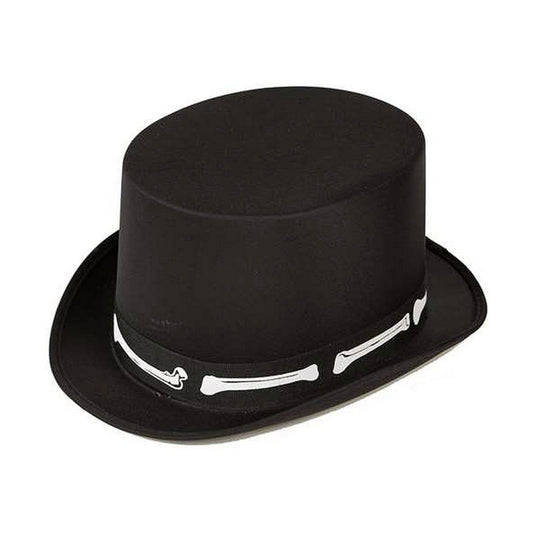 En hög, svart hatt i cylinder-modell med ett vitt band runt basen som är dekorerat med ben.