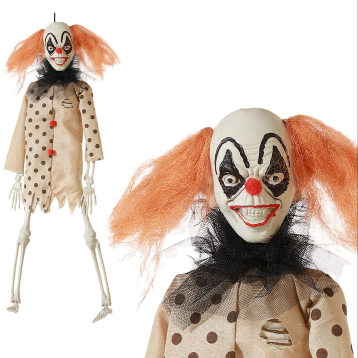 Det kompletta, hängande cirkus-skelettet med en sliten, prickig dräkt och en närbild på det läskiga, leende clownansiktet med orange hår.