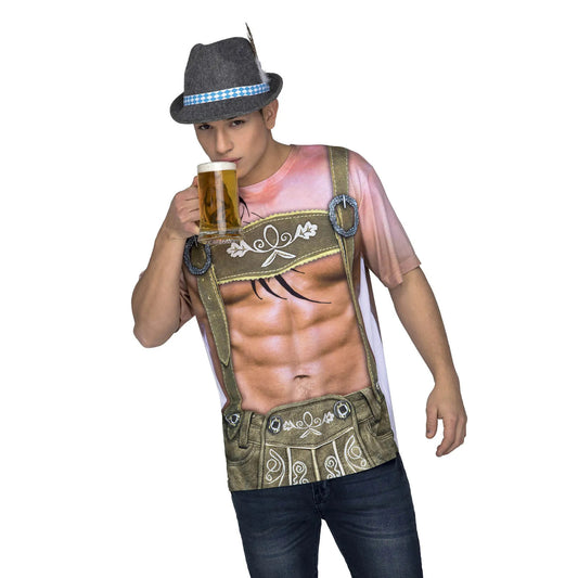 Närbild av t-shirt med muskulöst överkroppstryck och lederhosenmotiv