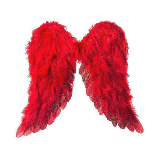 Ett par fluffiga och intensivt röda fjäderänglavingar med glittriga detaljer.