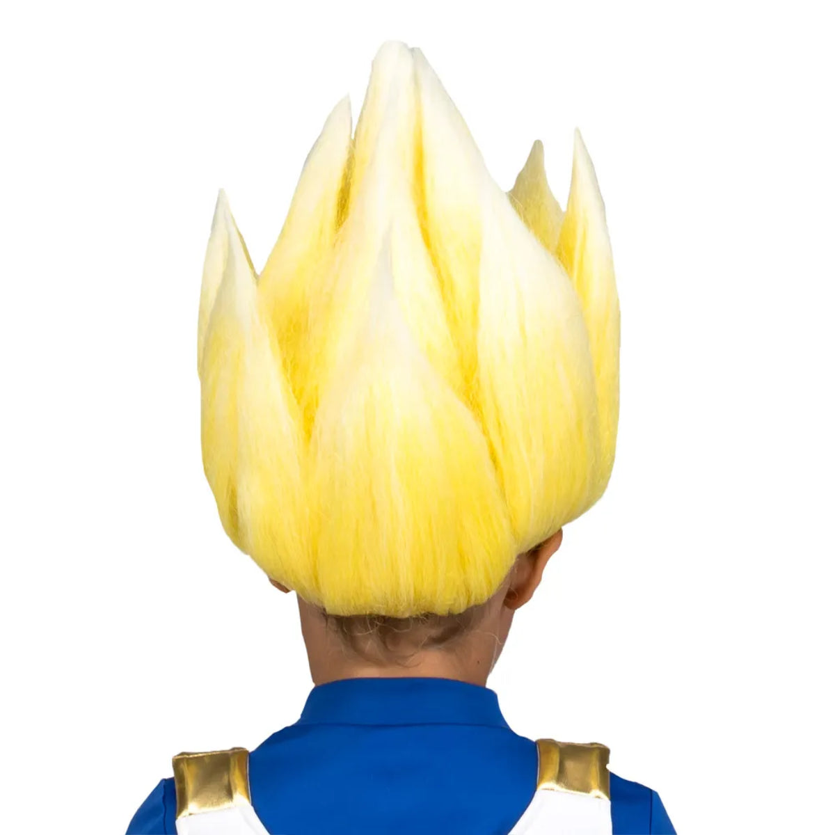 Baksidan av en officiell blond Super Saiyan Vegeta-peruk från Dragon Ball Z.