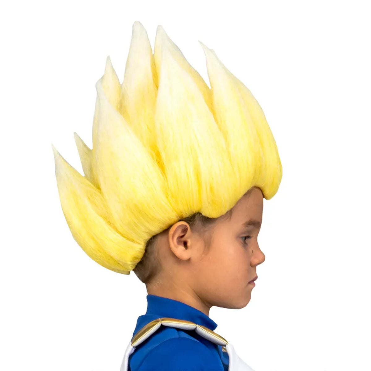 Profilbild som visar den spikiga formen på en officiell Super Saiyan Vegeta-peruk för barn.
