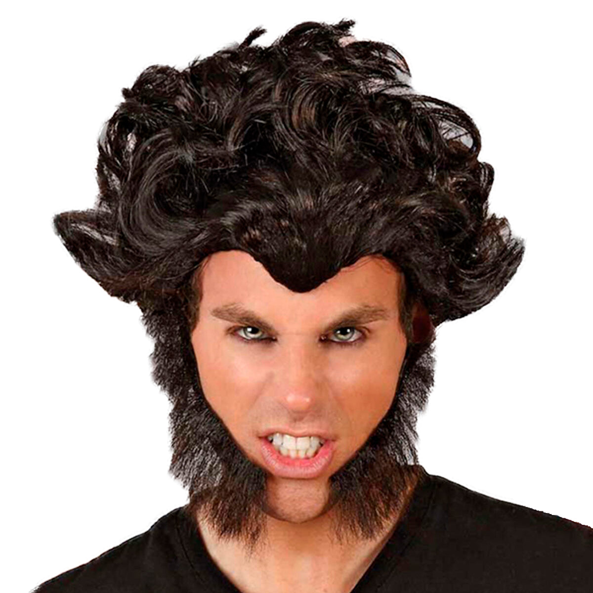 Man med rufsig varulvsperuk och kraftiga polisonger – stirrande blick och varglik uppsyn