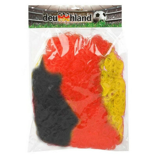 Krullig peruk i svart, rött och gult i förpackning märkt "Deutschland".