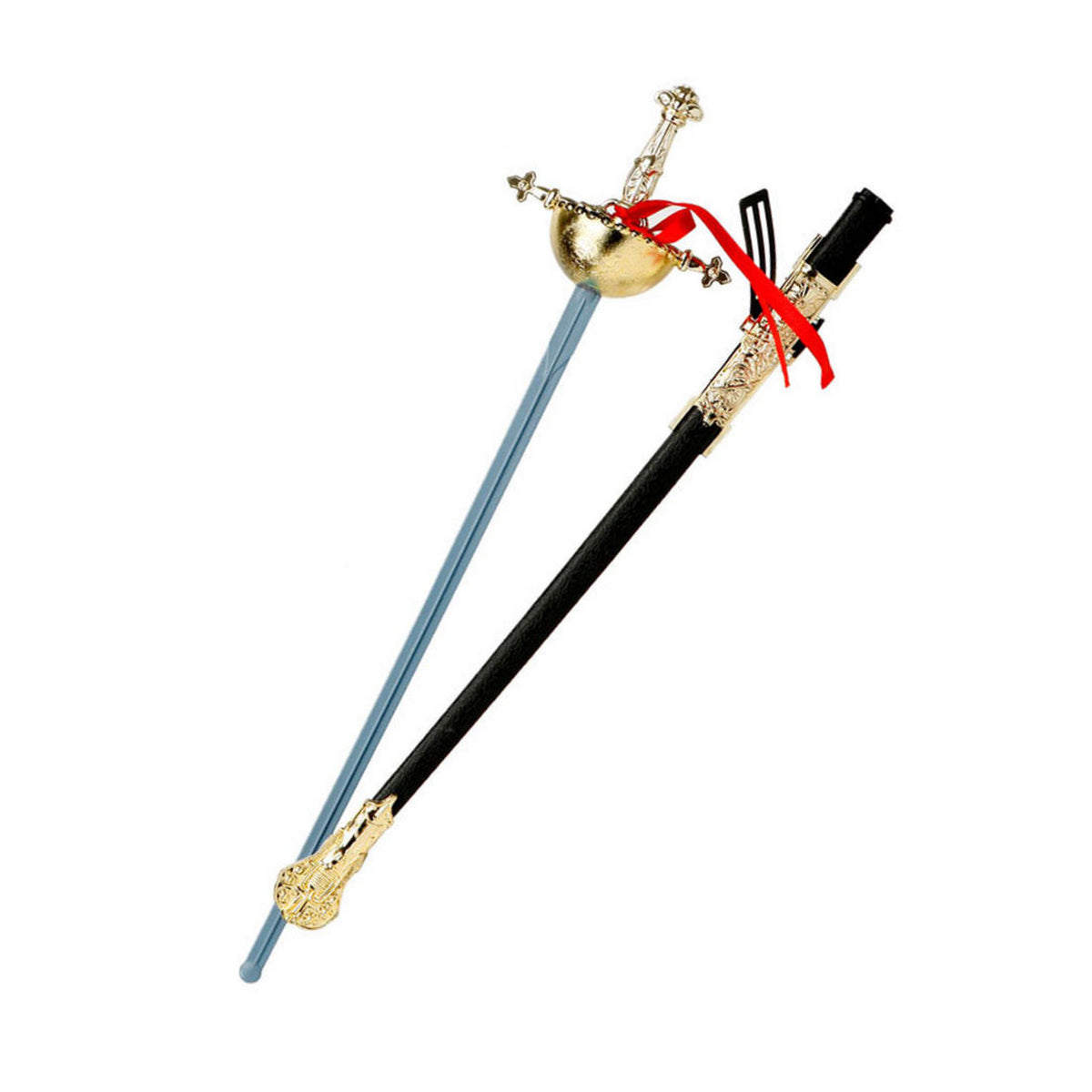 Närbild av piratsvärd värja i två delar – blått blad och svart slida med guldhandtag och röd rosett.
