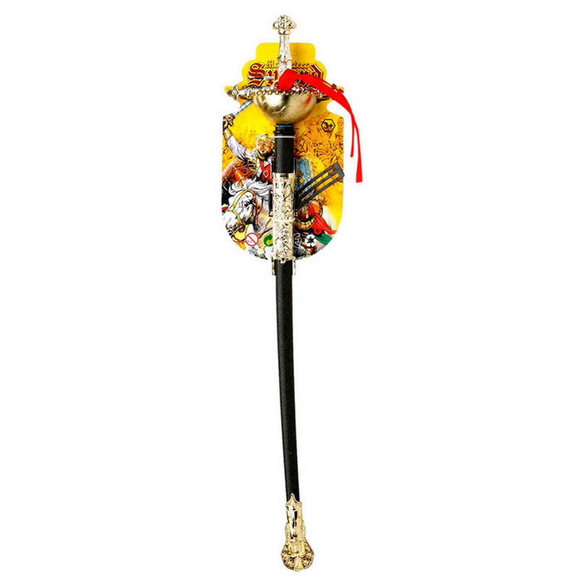Förpackad piratsvärd värja med gyllene korg och röd dekor, 62 cm lång – perfekt för maskerad.