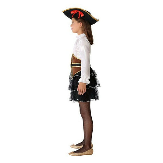 Ett barn bär en piratinspirerad maskeraddräkt med vit topp, svart kjol och brunt korsettliknande bälte, fotad från sidan – perfekt för maskerad och piratkalas.