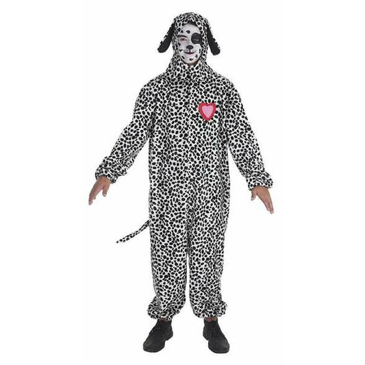  En person iklädd en Prickig Dalmatiner Jumpsuit med huva och en påmålad hundnos och ögonfläck poserar framifrån.