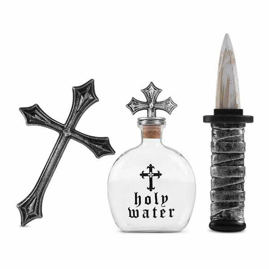 Ett professionellt vampyrjägare-kit som innehåller ett gotiskt silverkors, en glasflaska märkt "Holy Water" och en leksaks-träpåle.