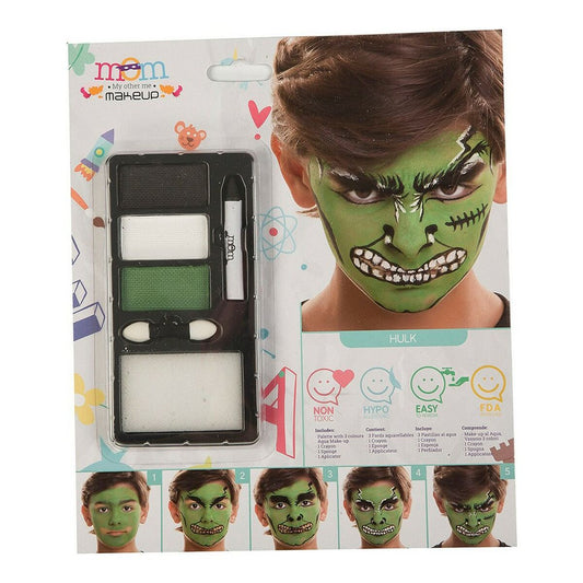 En förpackning med ett barnsmink-set som visar en pojke med en komplett och arg, grön superhjälte-ansiktsmålning.