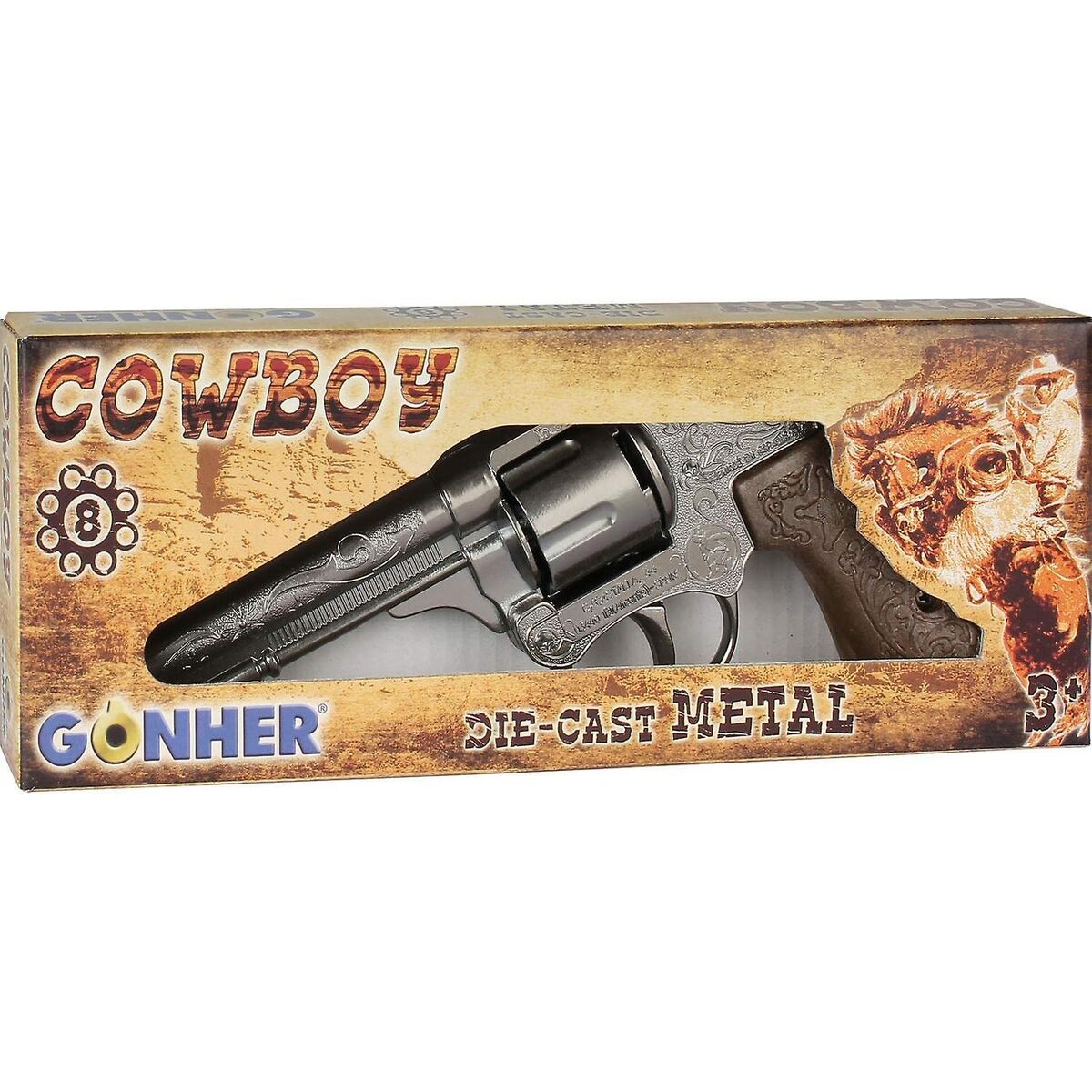 Cowboyrevolvern ligger i sin produktförpackning från Gonher, med "Cowboy" och "Die-Cast Metal" tryckt på.