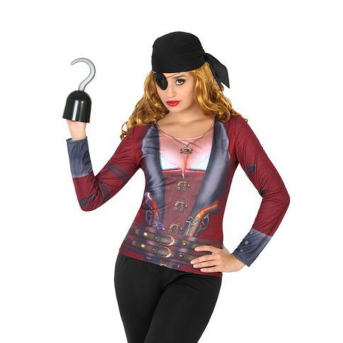 En kvinna poserar i en Realistisk Pirat-Tröja för dam med ett fotorealistiskt tryck av en väst och vapen, stylad med en ögonlapp och en piratkrok.