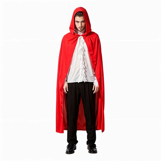 Man med en lång, röd kåpa med huva, blickande intensivt, perfekt för en mystisk eller sagolik maskeradlook.