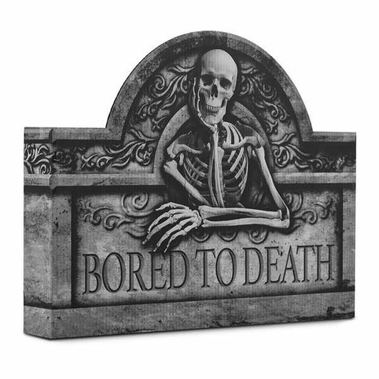En rolig och kuslig gravstens-dekoration med ett uttråkat skelett och texten "Bored To Death".