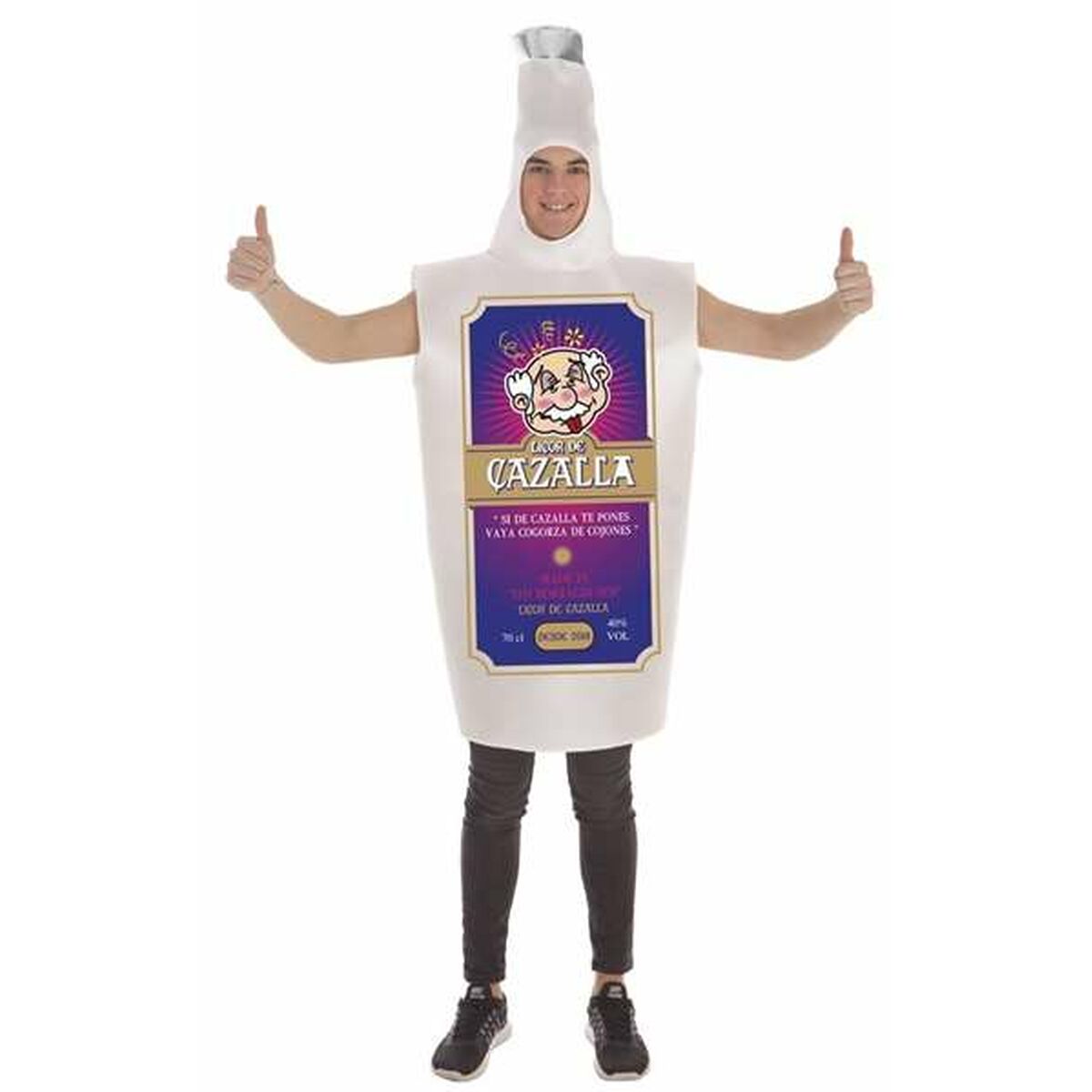 En glad man gör tummen upp och bär en Rolig Spritflaska Maskeraddräkt med en silverfärgad kapsyl-huva.