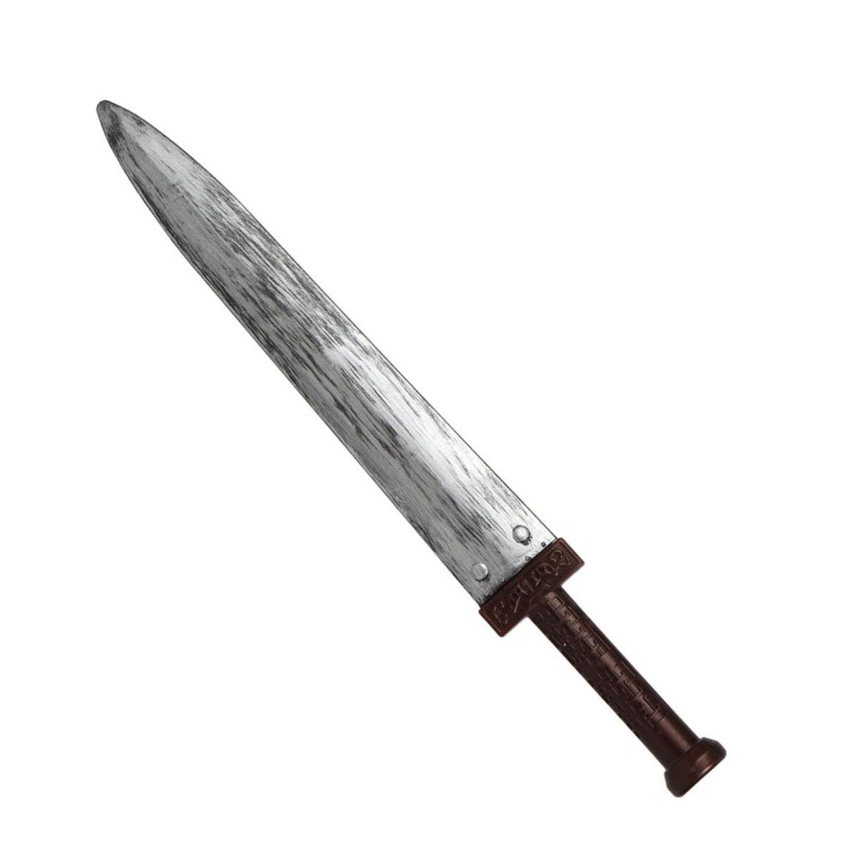 Romerskt svärd i plast med sliten metalllook och brunt handtag, 77 cm långt, liggande på vit bakgrund.