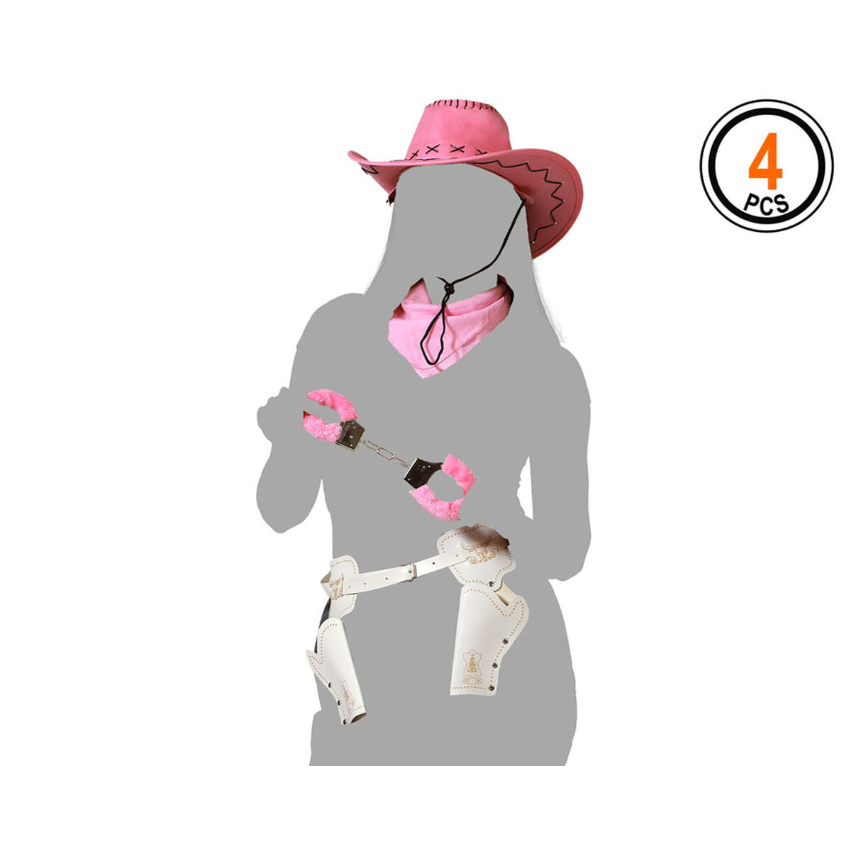Ett komplett cowgirl-set frilagt mot grå silhuett innehållande rosa cowboyhatt, rosa snusnäsduk, vita hölsterbälten och rosa fluffiga handbojor.