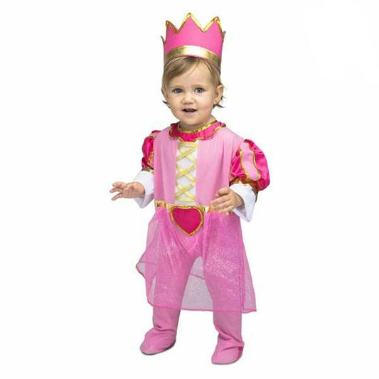 Bebis i rosa prinsessdräkt med tyllkjol och hjärtdetalj vid midjan, samt en rosa krona med gulddetaljer, stående på vit bakgrund.